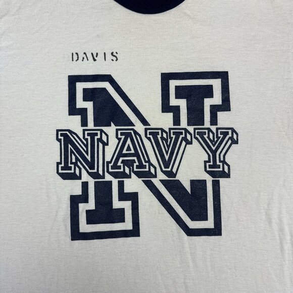 Vintage Military T Shirt 80s USA Ringer Soffe US Navy White Stencil Davis - Picture 2 of 7